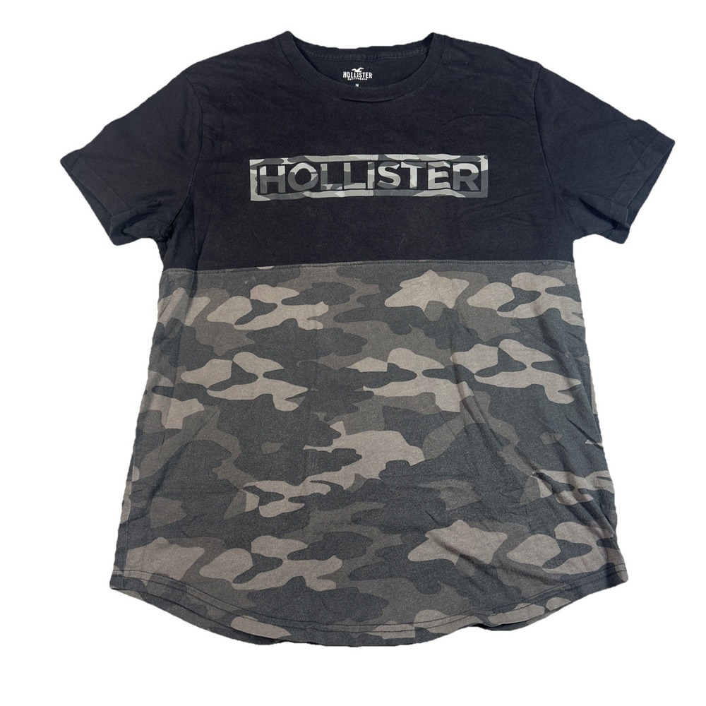Hollister Mens Medium T-Shirt Camo Logo Graphic Black Crew Neck Short Sleeve Tee